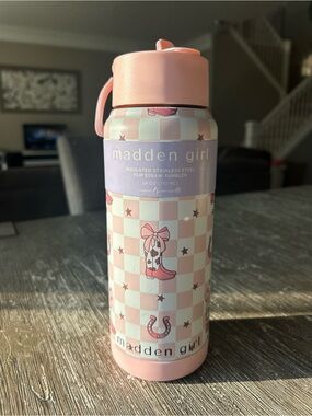Madden Girl Pink Checkered Cowboy Boot Flip Straw Tumbler